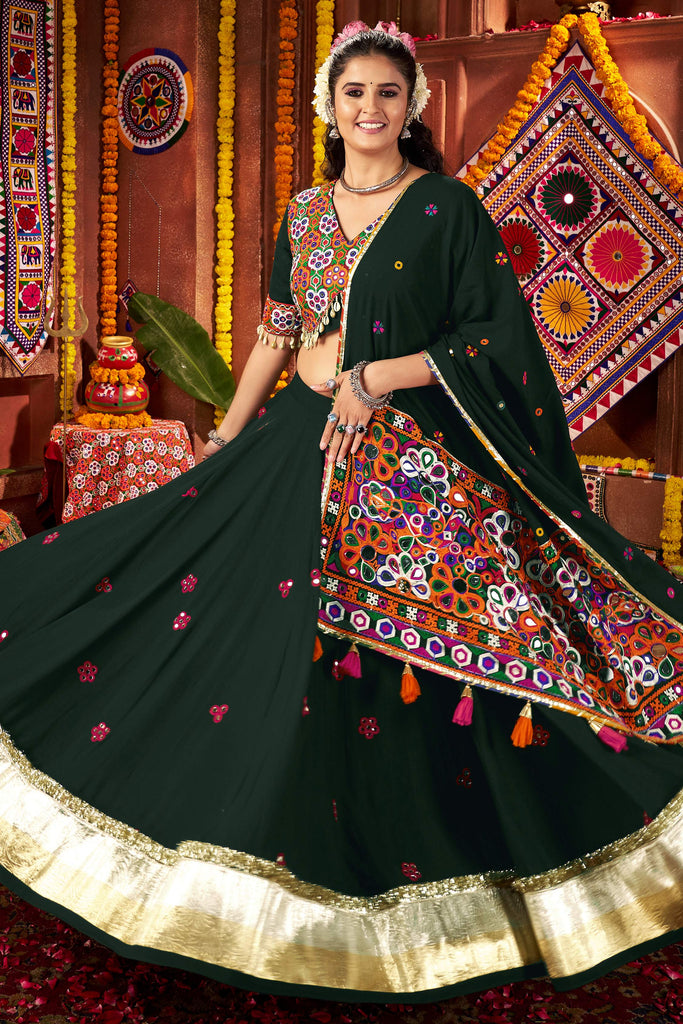 Tantalizing Green Embroidered Cotton Navratri Lehenga Choli With Dupatta