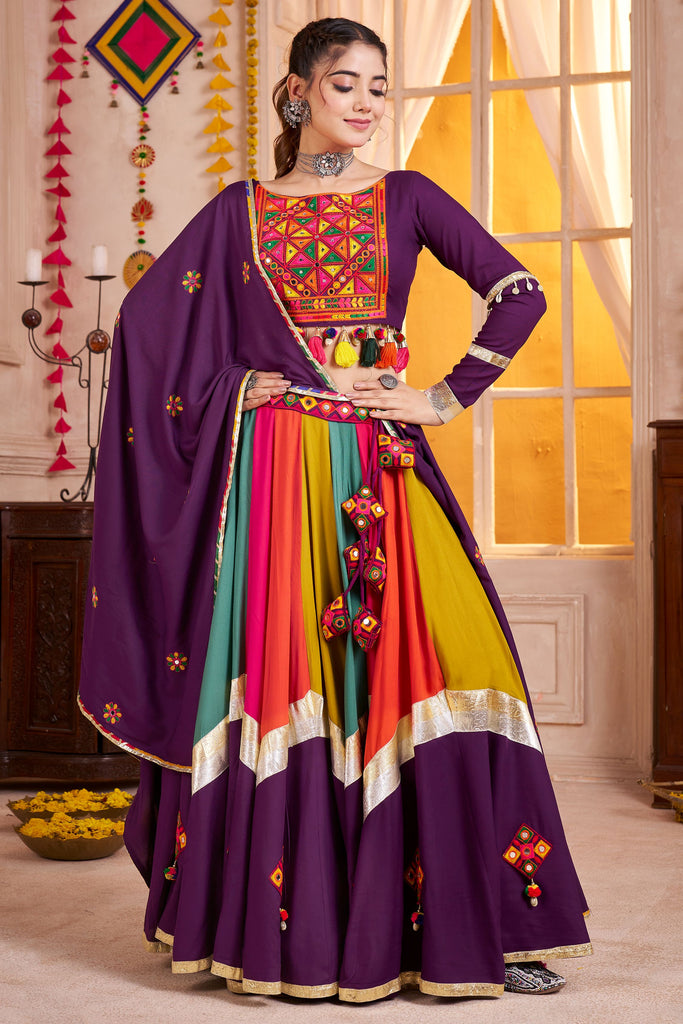 Bewitching Purple Mirror Work Cotton Navratri Lehenga Choli With Dupatta