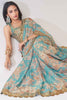 Winning Sky-Blue Floral Printed Organza Event Wear Saree