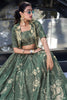 Lavish Bottle Green Floral Print Tussar Silk Crop Top Lehenga With Jacket