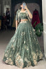 Bewitching Bottle Green Printed Tussar Silk Crop Top Lehenga With Jacket
