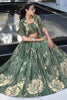 Lavish Bottle Green Floral Print Tussar Silk Crop Top Lehenga With Jacket