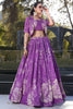 Awesome Purple Printed Tussar Silk Party Wear Crop Top Lehenga With Jacket