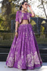 Awesome Purple Printed Tussar Silk Party Wear Crop Top Lehenga With Jacket