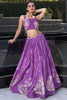 Awesome Purple Printed Tussar Silk Party Wear Crop Top Lehenga With Jacket