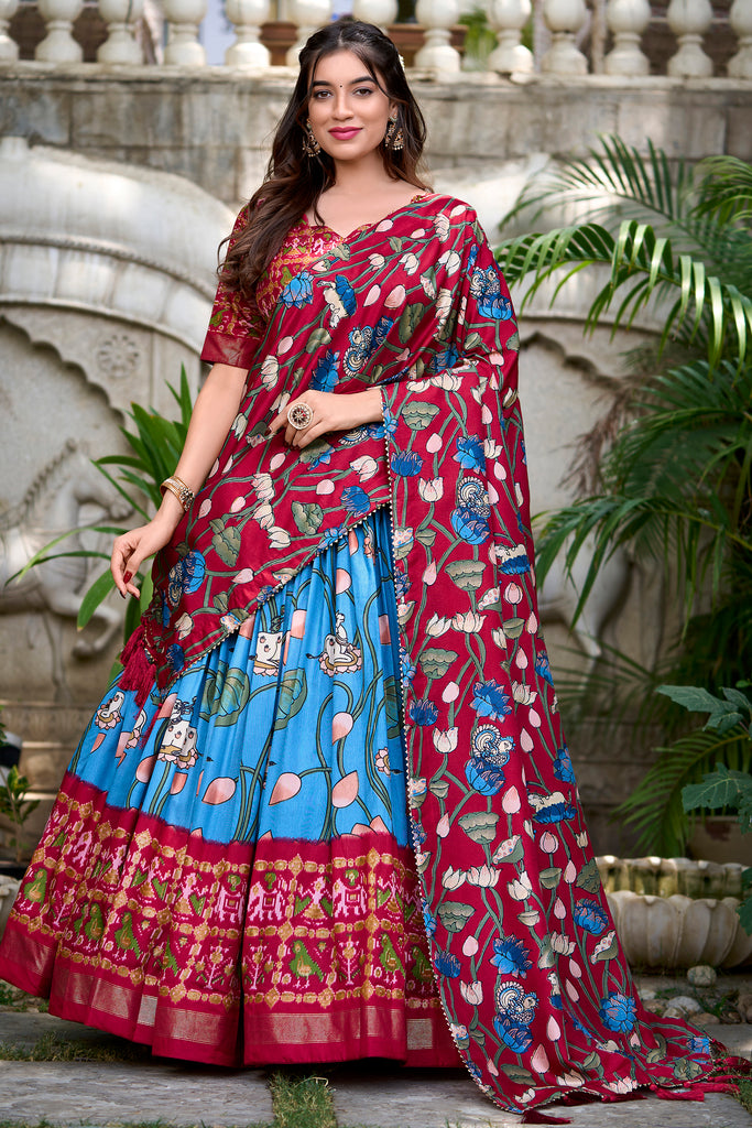 Awesome Sky-Blue Patola Printed Silk Traditional Lehenga Choli