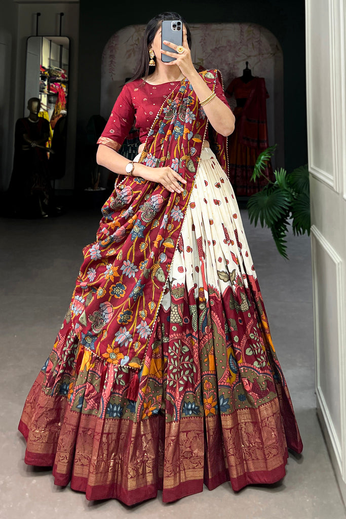 Gorgeous Off-White kalamkari Printed Silk Traditional Lehenga Choli