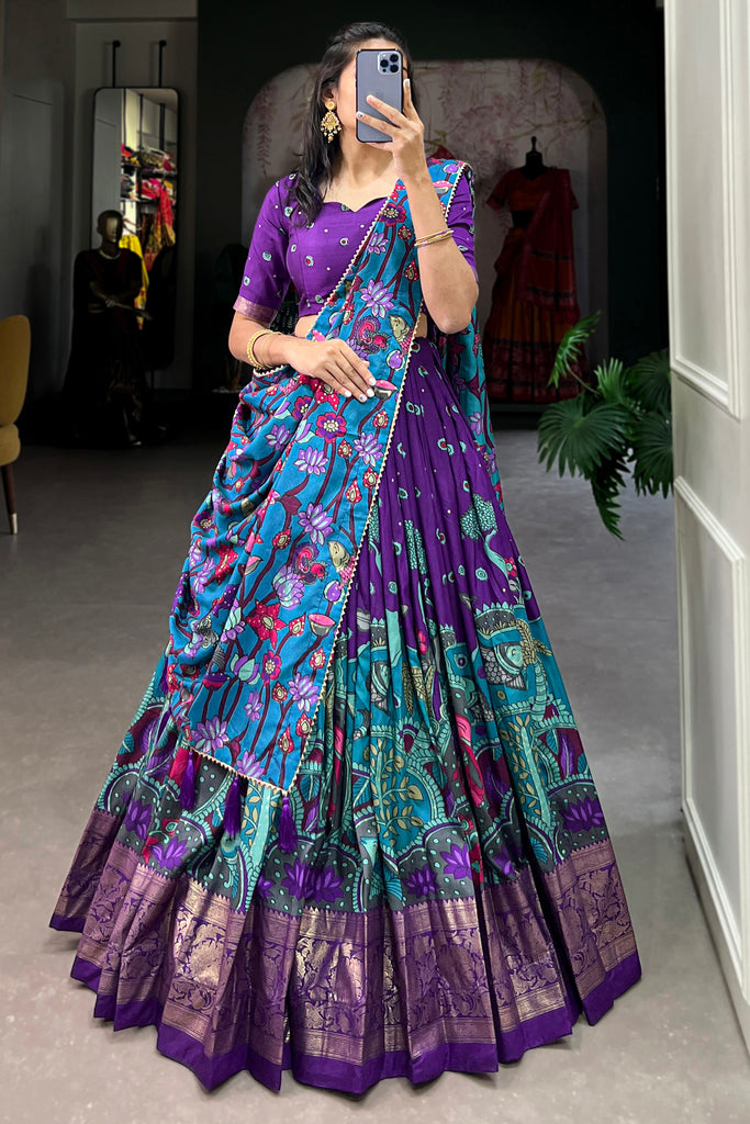 Attractive Purple kalamkari Printed Silk Lehenga Choli With Dupatta