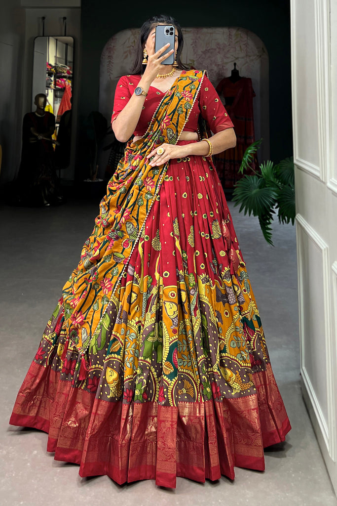 Awesome Red kalamkari Printed Silk Event Wear Lehenga Choli