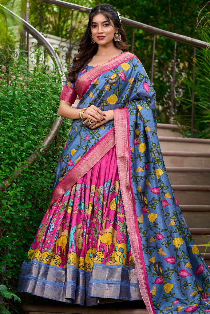 Pretty Rani Pink Kalamkari Print Dola Silk Festival Wear Lehenga Choli