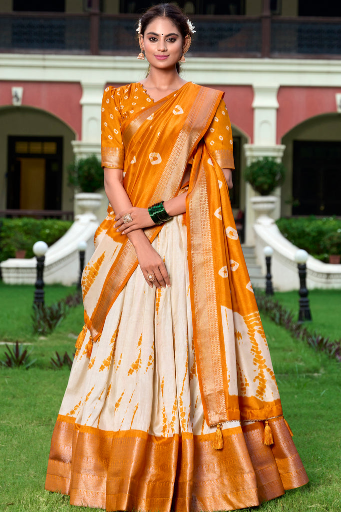 Stunning Mustard Yellow Shibori Print Silk Haldi Wear Lehenga Choli