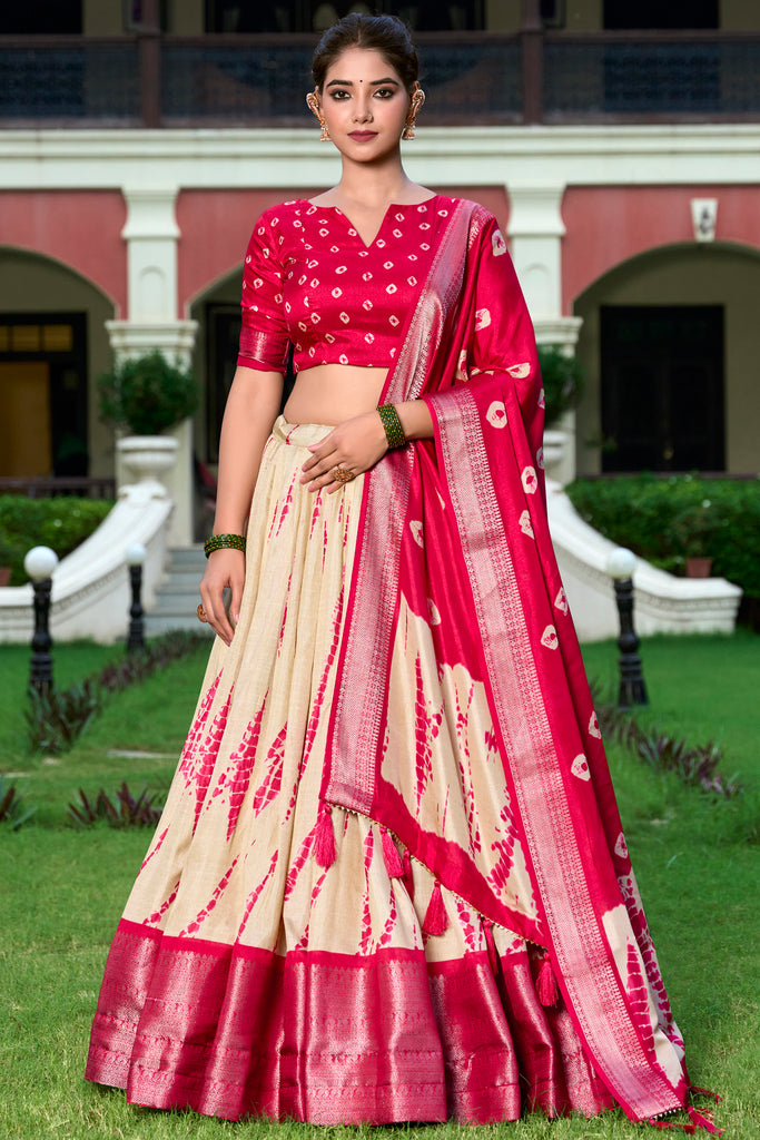 Incredible Cream Shibori Printed Silk Lehenga Choli With Dupatta