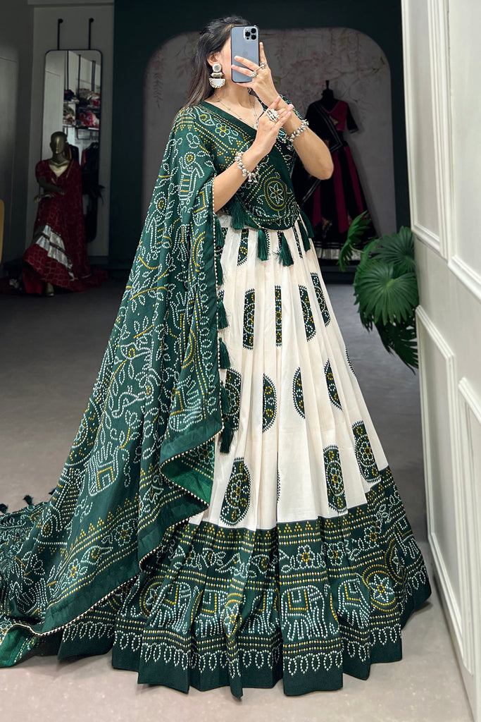 Fabulous Green Bandhani Printed Silk Navratri Lehenga Choli