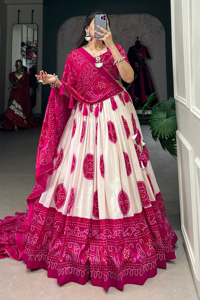 Wonderful Pink Bandhani Printed Silk Traditional Lehenga Choli