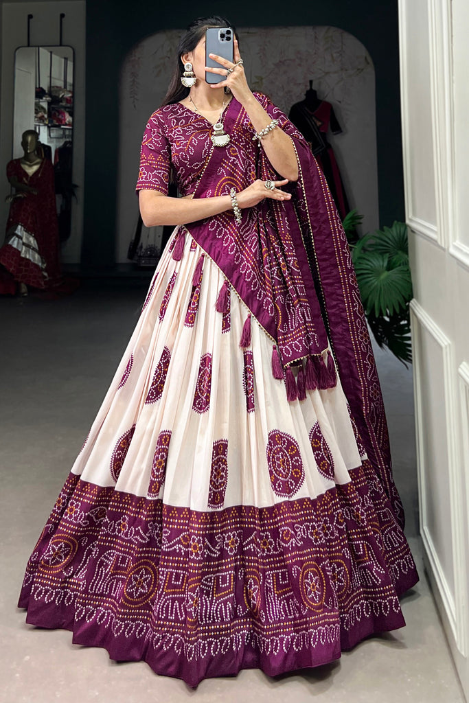 Adorable Wine Bandhani Printed Tussar Silk Lehenga Choli With Dupatta