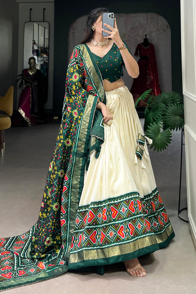 Charming Green Patola Printed Tussar Silk Festival Wear Lehenga Choli