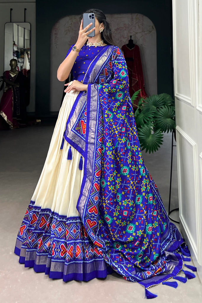 Incredible Blue Patola Printed Tussar Silk Lehenga Choli With Dupatta