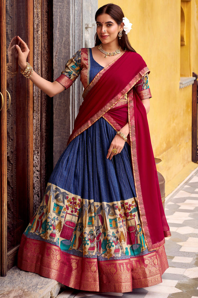Impressive Navy Blue Zari Weaving Silk Onam Special Half Saree Lehenga