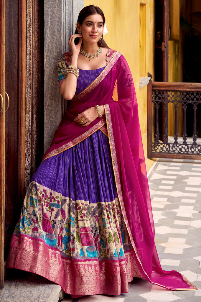 Glamorous Purple Zari Weaving Chanderi Silk Traditional Half Saree Lehenga