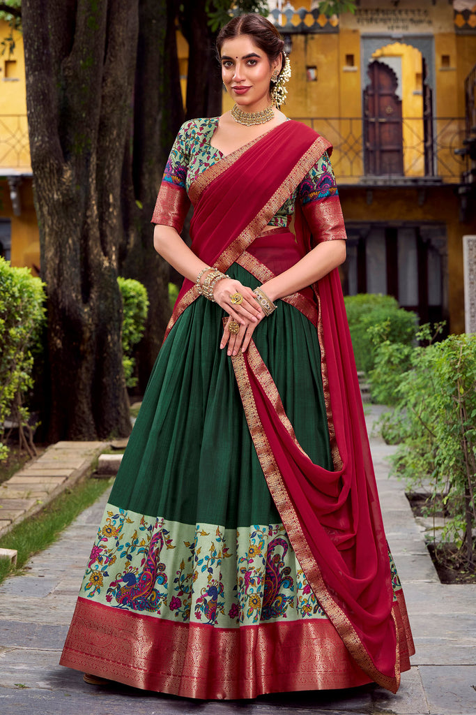 Astonishing Green Zari Weaving Silk Festival Wear Half Saree Lehenga