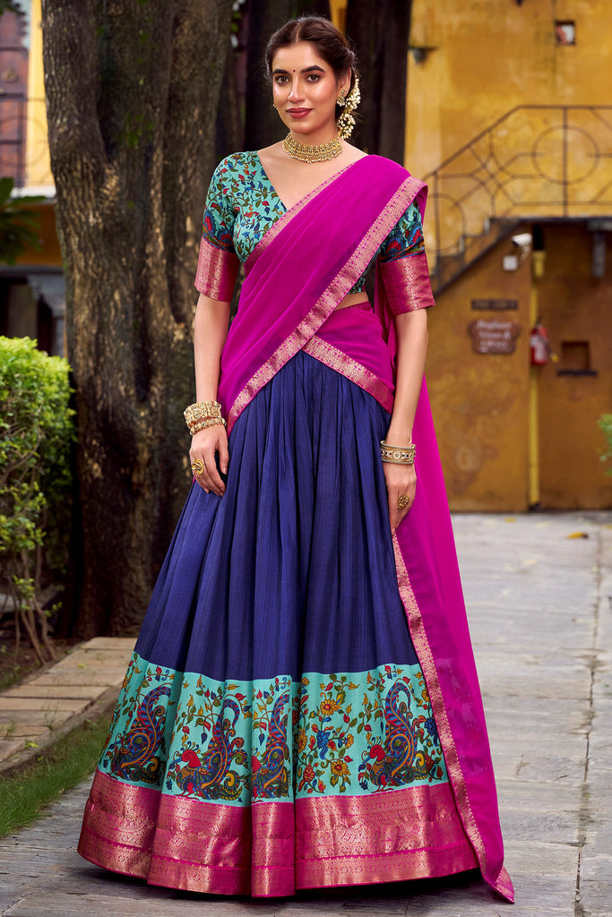 Wonderful Blue Zari Weaving Silk Event Wear Half Saree Lehenga