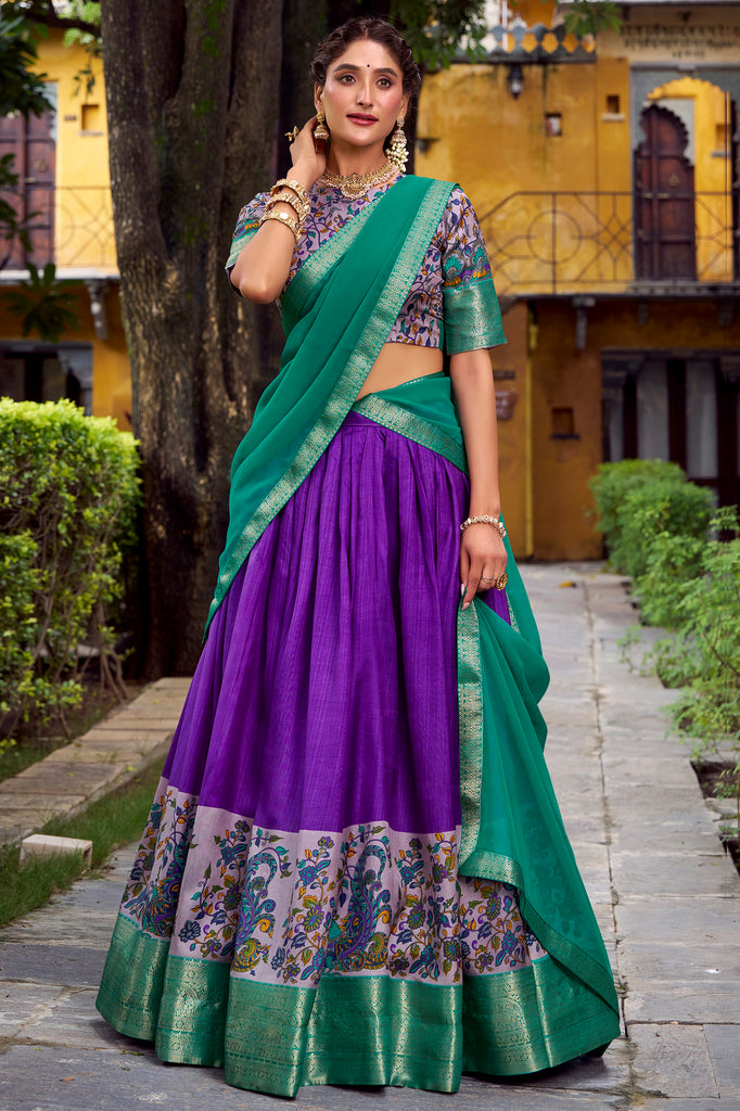 Incredible Purple Zari Weaving Silk Onam Special Half Saree Lehenga Choli