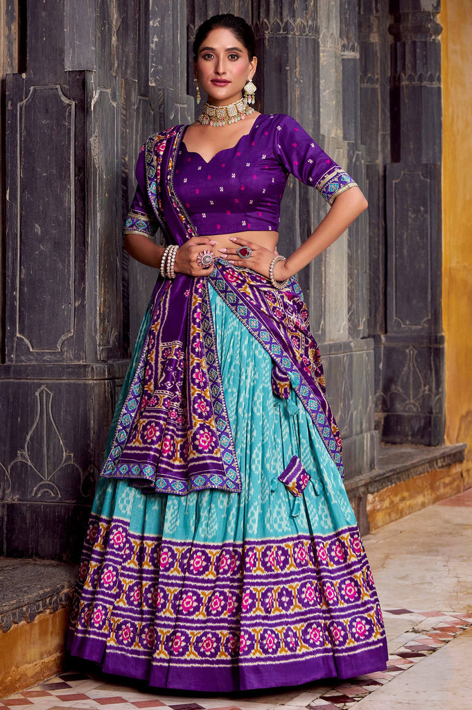 Bewitching Sky Blue Ikkat Printed Silk Lehenga Choli With Dupatta