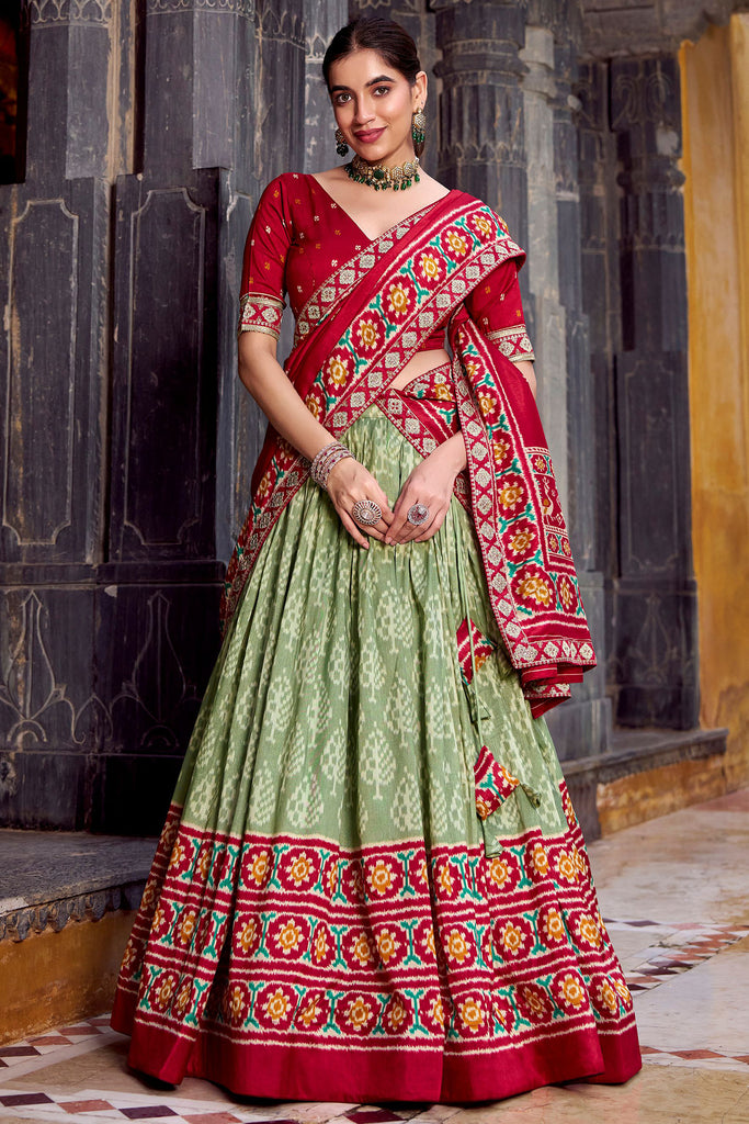 Beautiful Sage Green Ikkat Printed Silk Festival Wear Lehenga Choli