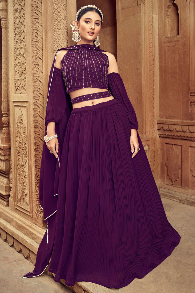 Astonishing Purple Embroidered Georgette Reception Wear Lehenga Choli