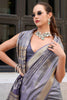 Beautiful Grey Ikkat Weaving Silk Traditional Saree With Blouse