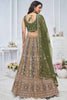 Winsome Olive Green Sequins Net Mehendi Wear Lehenga Choli