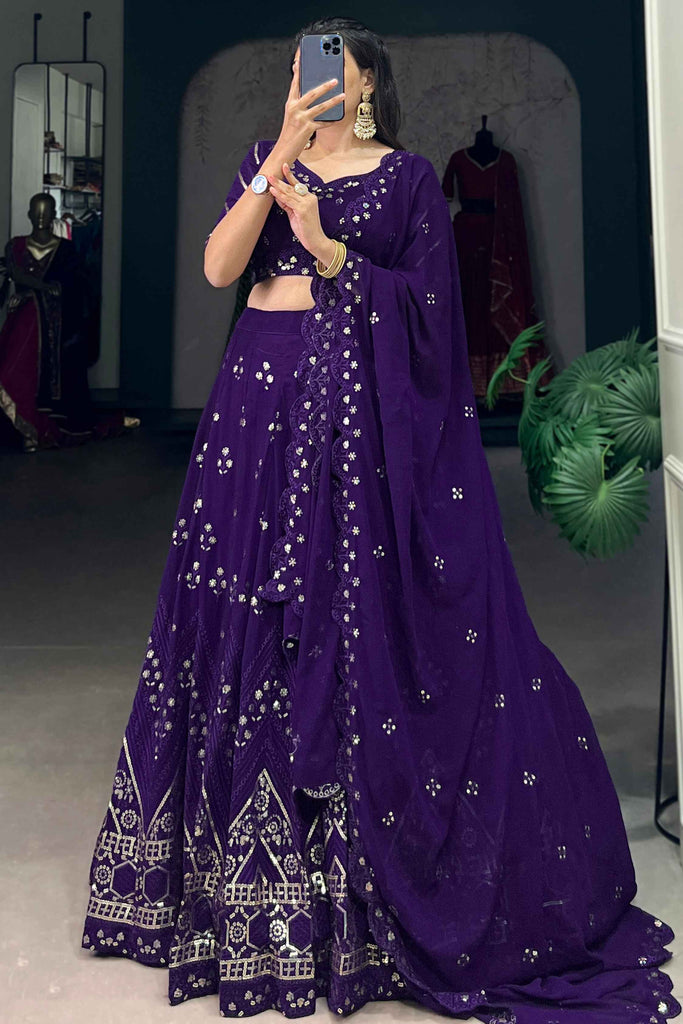 Outstanding Purple Sequins Georgette Reception Wear Lehenga Choli