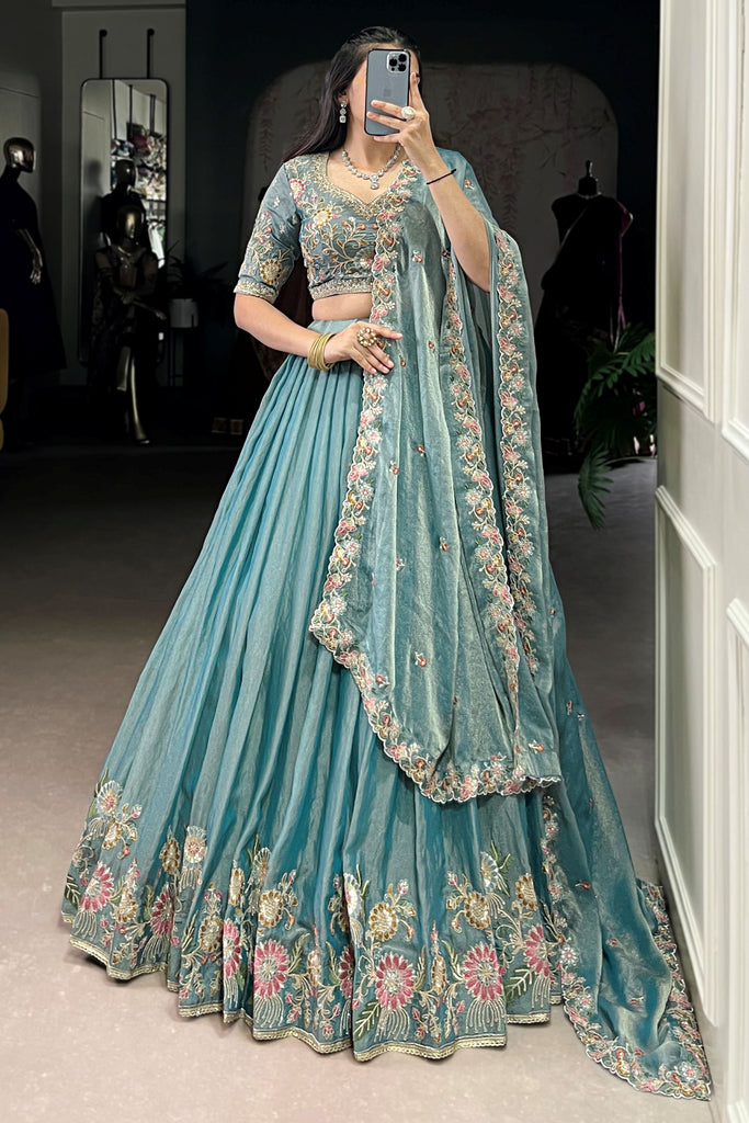 Dazzling Sky-Blue Organza Thread Work Engagement Wear Lehenga Choli