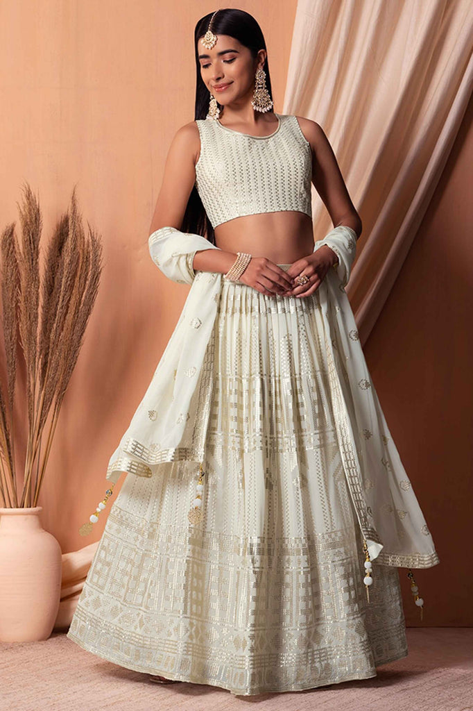 Interesting White Sequins Georgette Engagement Wear Lehenga Choli