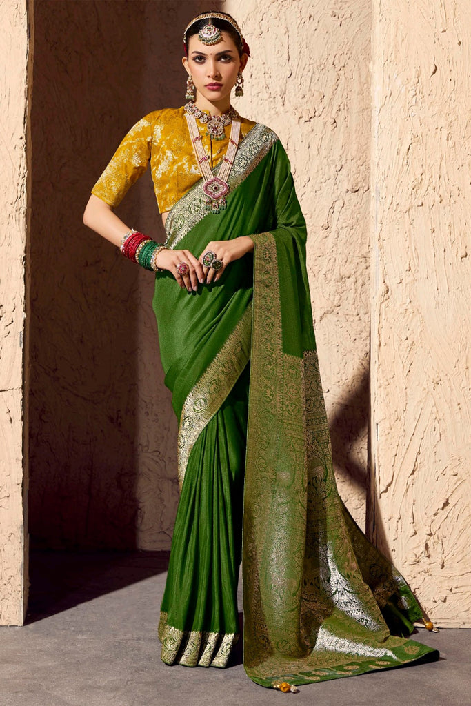 Elegant Green Zari Weaving Georgette Traditional Saree With Blouse