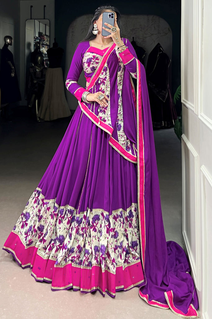 Classy Purple Floral Printed Rayon Navratri Wear Lehenga Choli