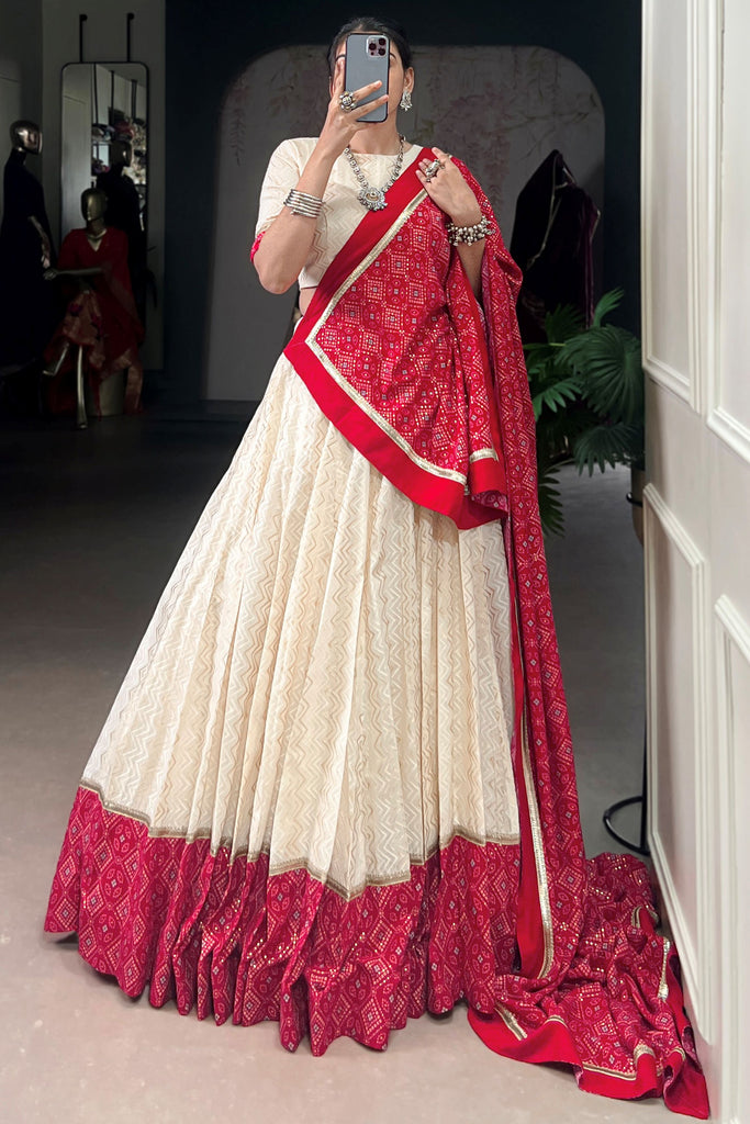Lovely Off White Bandhani Printed Cotton Navratri Lehenga Choli With Dupatta