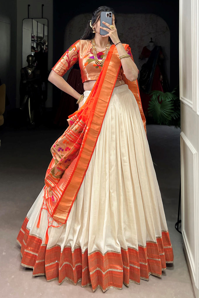 Sweet White Zari Weaving Paithani Silk Lehenga Choli With Dupatta
