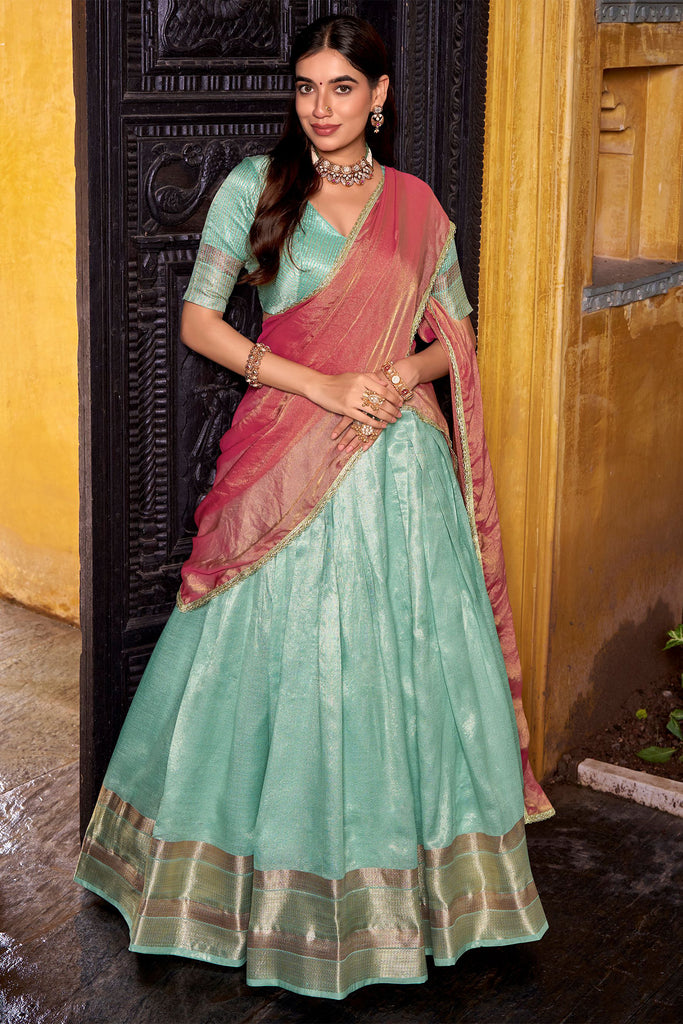 Attractive Sky-Blue Zari Weaving Silk Traditional Half Saree Lehenga