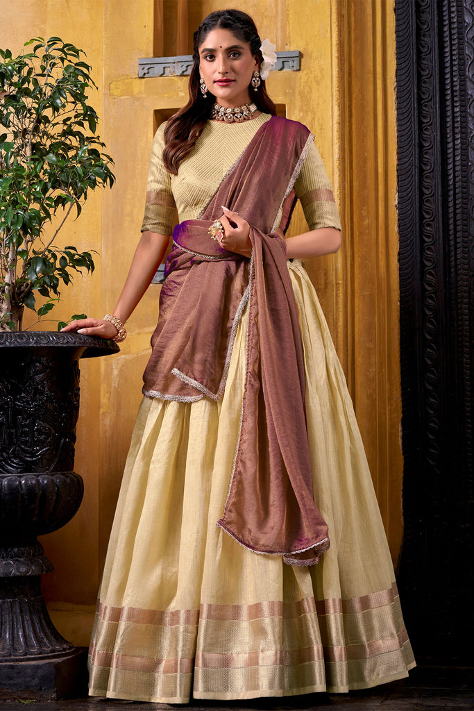 Elegant Yellow Zari Weaving Silk Festival Wear Half Saree Lehenga