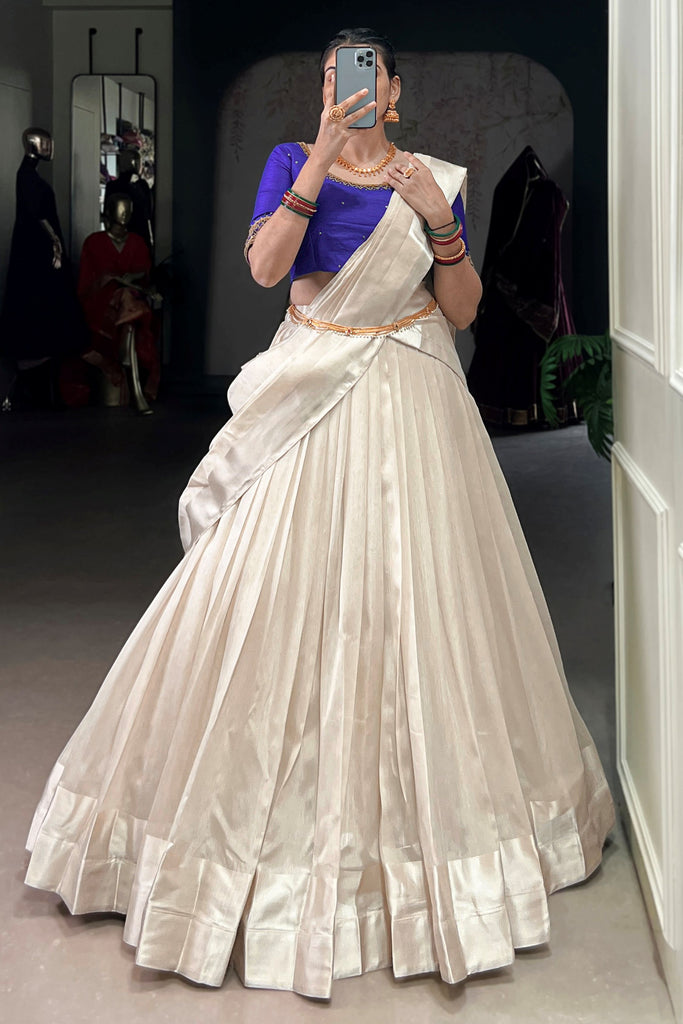 Captivating Cream Border Work Silk Traditional Half Saree Lehenga