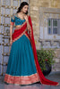 Alluring Teal Blue Border Work Vichitra Silk Half Saree Lehenga