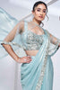 Attractive Powder Blue Satin Silk Pre-Stitched Saree With Blouse