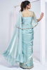 Attractive Powder Blue Satin Silk Pre-Stitched Saree With Blouse