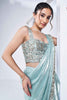 Attractive Powder Blue Satin Silk Pre-Stitched Saree With Blouse