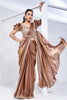 Fetching Brown Color Satin Silk Pre-Stitched Saree With Blouse