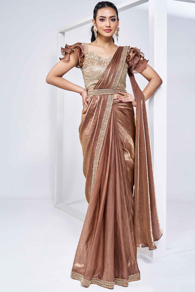 Fetching Brown Color Satin Silk Pre-Stitched Saree With Blouse