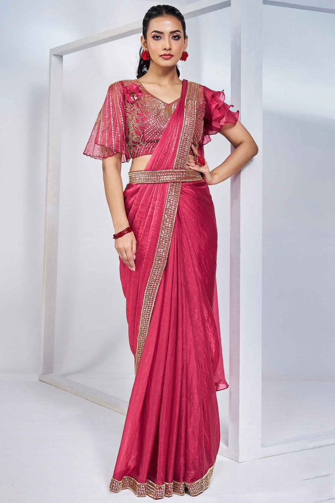 Amazing Pink Color Satin Silk Pre-Stitched Saree With Blouse