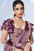 Shocking Dusty Purple Border Work Satin Pre-Stitched Saree With Blouse