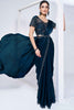 Startling Teal Blue Lace Work Satin Pre-Stitched Saree With Blouse